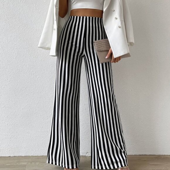 Black and White Casual Womens High Waist Vertical Striped Flare Leg Pants - Picture 1 of 5